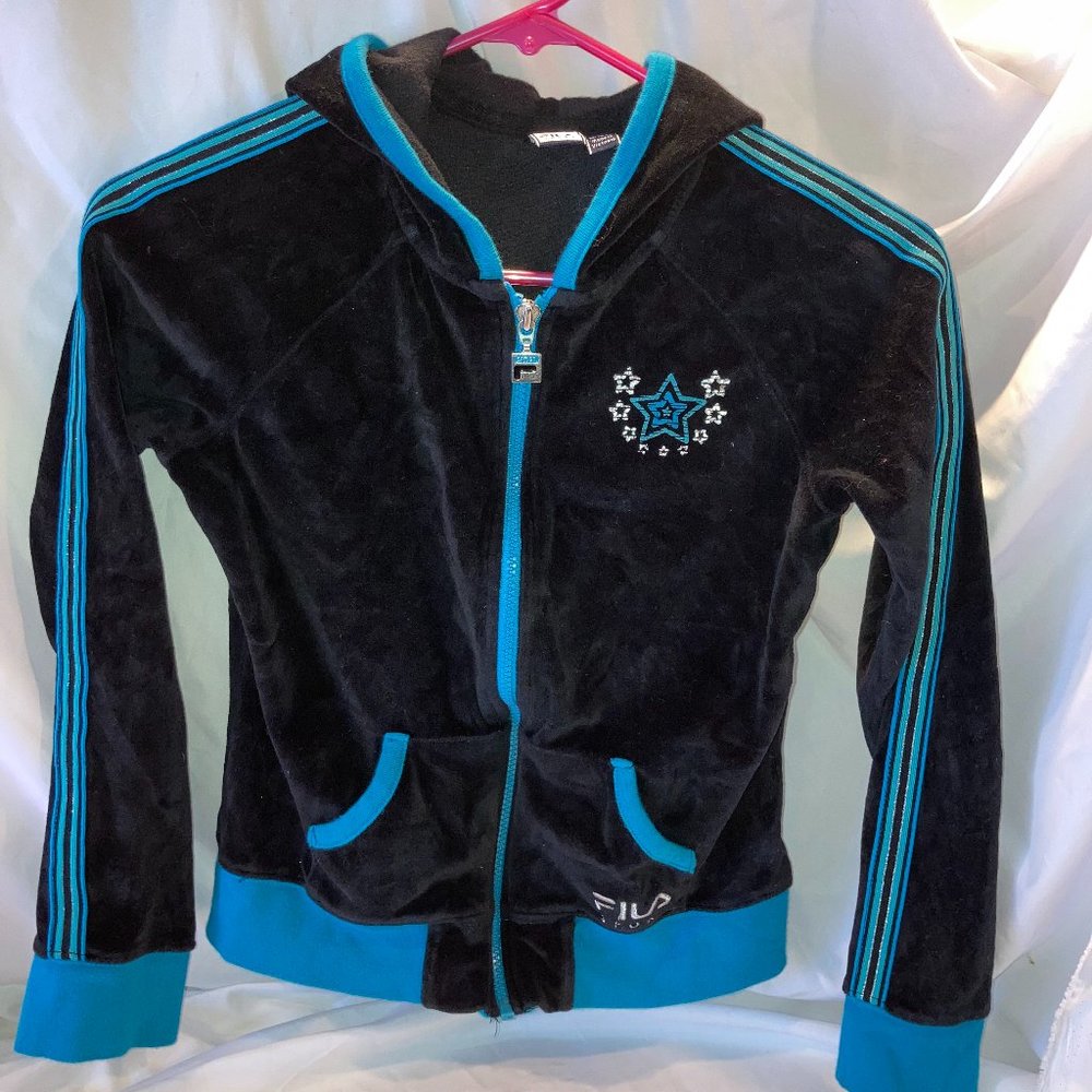 Girls Fila Zipped Hoodie Black Teal Stars Sparkles Size 14-16 XL